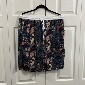 Graphic Faces Print Swim/Board Shorts - White Waistband, Multicolor